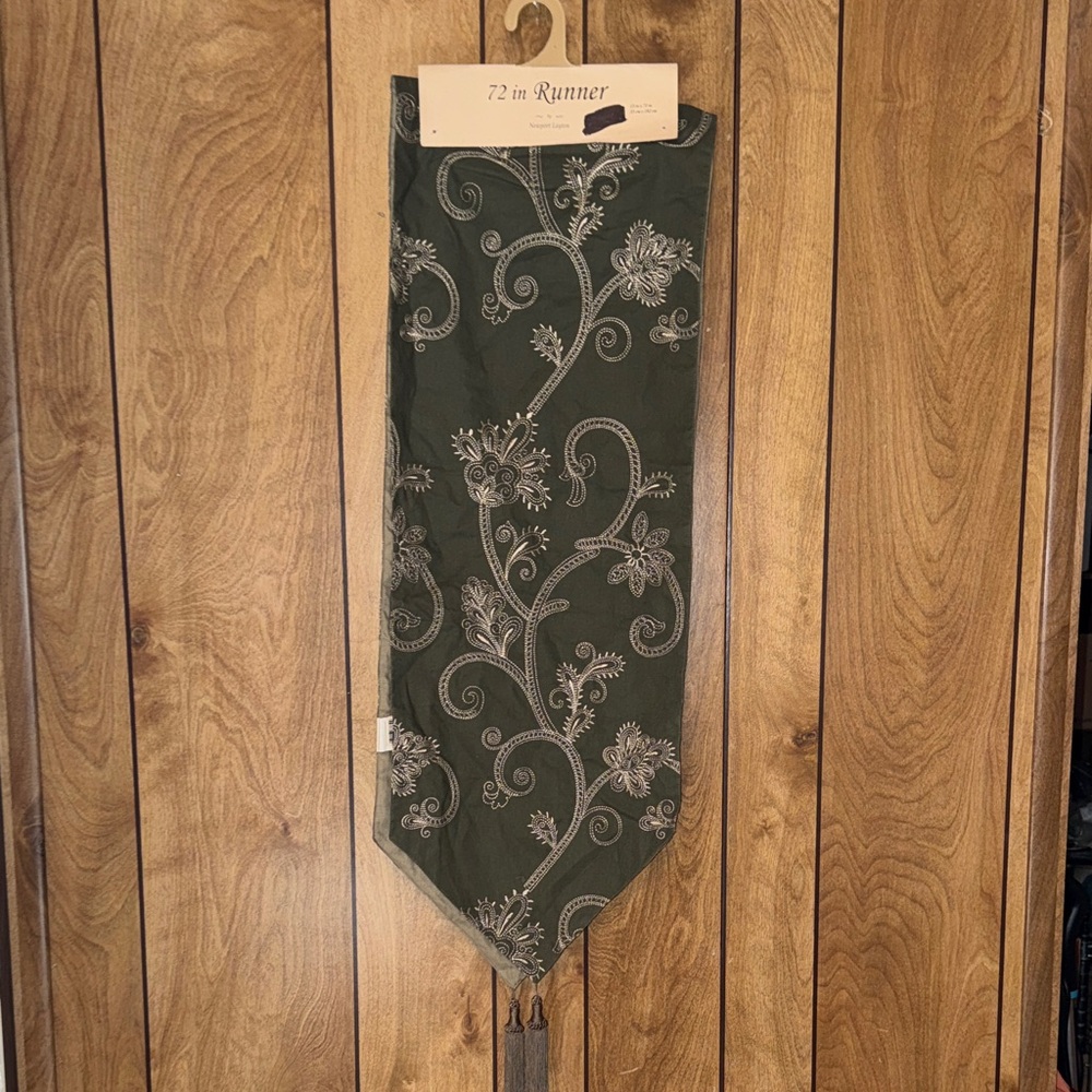 Newport Layton Embroidered Table Runner 72”X13”Snowflower-Sage Pattern Tassels
